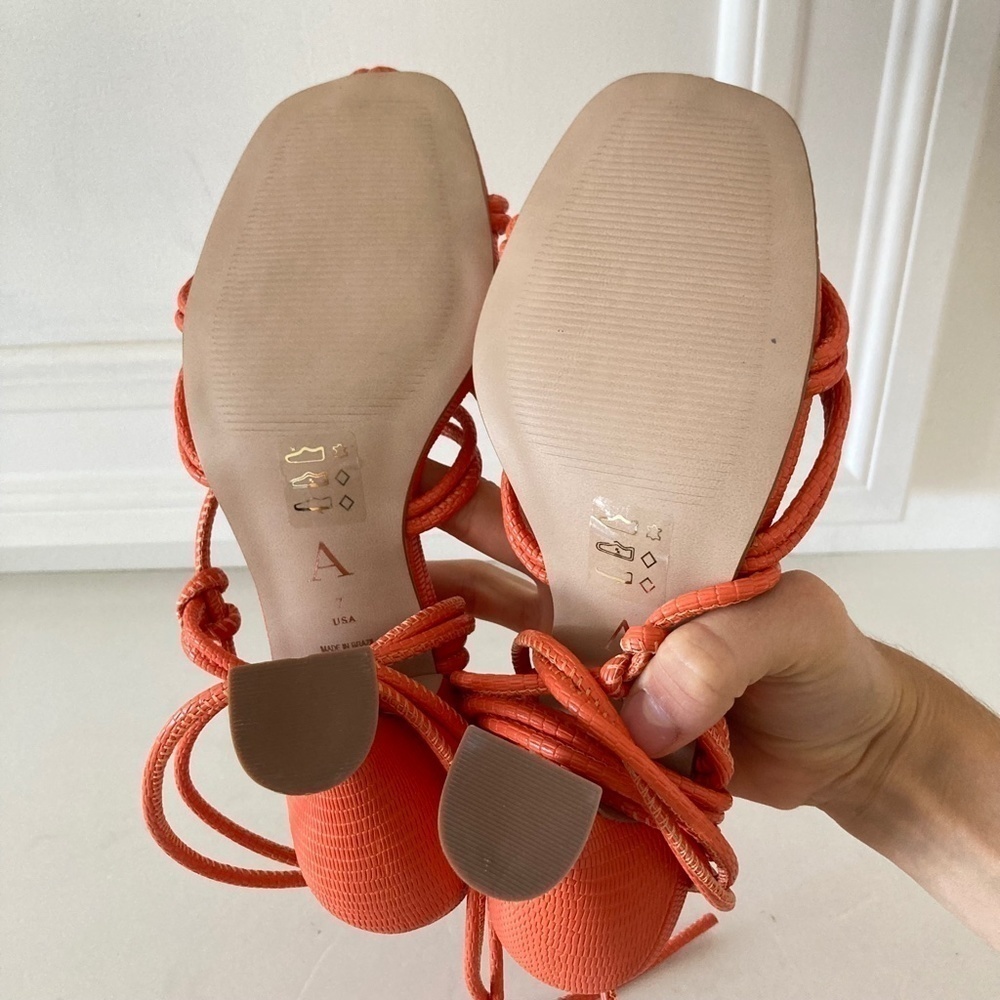 NWOT Anthropologie Strappy Orange Animal Print Leather Heeled Sandals - Picture 6 of 6